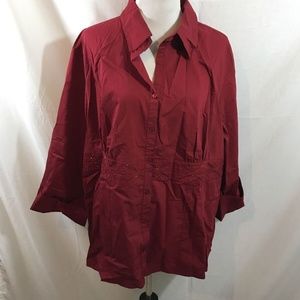Deep red 3/4 sleeve button up with bead work - womens 26/28W, NWT, Bust 25”